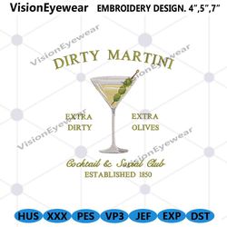 dirty martini embroidery download, martini embroidery files, 1850 cocktail social club embroidery design download instan