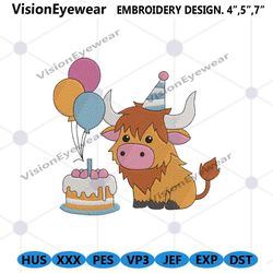 highland cow birthday embroidery download, cow birthday machine embroidery, birthday instant download embroidery digital