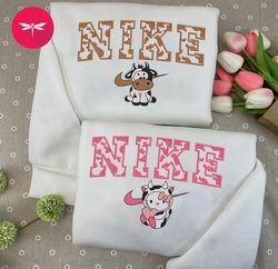 cute cow hello kitty couple nike embroidered sweatshirt, nike couple crewneck embroidered, trending cartoon shirt cp34