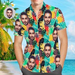 custom photo hawaiian shirt colorful leaves personalized face casual button up aloha shirt