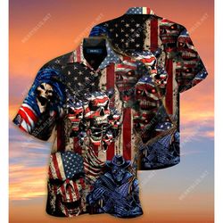 american flag skull all over printed hawaiian shirt