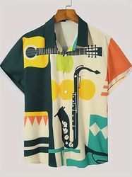 guitar & saxophone print trendy tropical shirt, tropical beach shirt button down shirt, tropical set