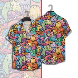 funny doodle monsters mens shirt, long sleeve button down casual blouse shirt tops, tropical shirt, summer