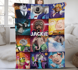 personalize sing pig blanket, sing 2 movie cartoon, birthday gift baby name blanket, velveteen plush blanket