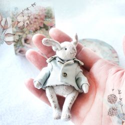 teddy bunny in jacket, collectible art miniature, adorable animal toy, adult collector stuffed doll, decorative art doll