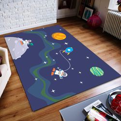 space rug, the space tourist rug, rocket, astronaut, satellite, custom rug, home decor rug, modern rug, non slip rug