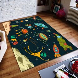 ufo rug, alien rug, spacecraft rug, rocket, astronaut, satellite, custom rug, home decor rug, modern rug, non slip rug