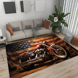 american motorcycle rug, patriotic decor with classic bike and american flag rug, vintage americana biker art rug