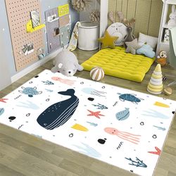 blue whale pattern with marine life cute animal rug, whale rug, kids room rug, blue whale rug