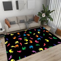 colorful hands and feet patterned rug, hands and feet design rug, living room rug, kids room rug, nursery rug