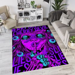 cherry devil lies skull psychedelic art rug, neon pink gothic horror decor rug, alternative trippy eyes skull rug