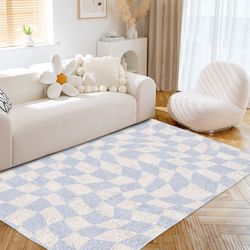 funky checkered rug in pastel, blue danish pastel decor rug, bedroom living room rug, modern y2k rug, plush trendy rug