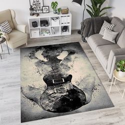 guitar and woman black pencil drawing artistic design elegant rug, musician decor rug, electro guitar rug,music room rug
