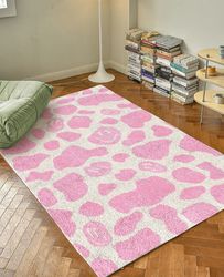 pink smile cow print rug, funky danish pastel decor rug, bedroom living room rug, modern y2k rug, plush trendy rug