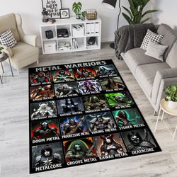 rockn roll warriors rug, heavy metal music rug, death metal rug, popular metal music rug, music room rug, musical rug