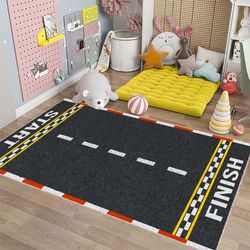 racetrack with start and finish lines printed runner rug, washable race car road track toddler play room rug