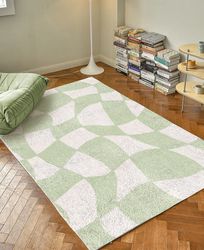 sage green checkered rug, funky danish pastel decor rug, bedroom living room rug, modern y2k rug, plush trendy rug