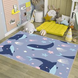 sea animal rug, cute blue whales, jelly fish and starfishes on light purple, cartoon whale rug