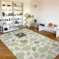 sage green smile cow print rug, funky danish pastel decor rug, bedroom living room rug, modern y2k rug, plush trendy