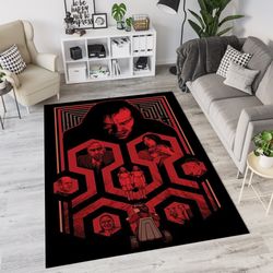 the shining themed rug, iconic horror movie art rug, kubricks masterpiece, perfect for movie fans, creepy home rug