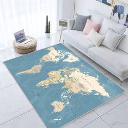 world map rug, floor map rug, world map living room decor rug