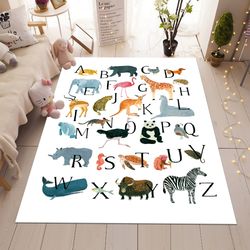 cute animals rug, alphabet printed kids room rug, washable animals alphabet rug, gift for kids education, non slip rug