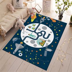 rocket rug,space rug, galaxy design rug, kids rugs, children rug, educational rug, playroom rug, washable rug