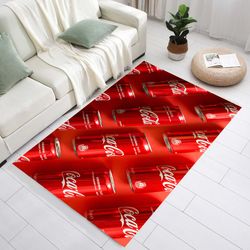 kitchen rug, coca cola rug, drink rug, coca cola pattern rug, kids room rug, living room rug, interesting rug, red rug,