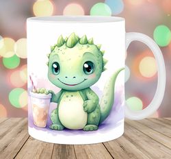 baby dinosaur with bubble tea 11oz 15oz mug, mug design, watercolor mug