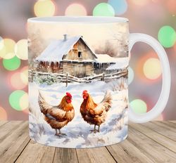 watercolor chicken mug, 11oz 15oz mug, red barn mug design