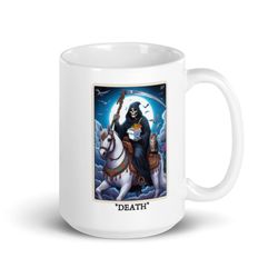 death with cat tarot card mug - asst sizes - mic and washer safe - fun mug for fantasy readers - tarot