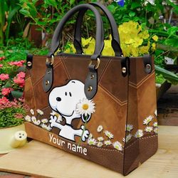 snoopy leather handbag, white dog personalized leather handbag, snoppy dog leather handbag