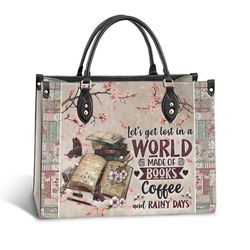 book lets get lost in a world made of books coffee and rainy days leather bag, best gifts for book lovers, womens bag