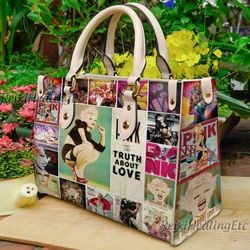 pink trustfall vintage leather handbag, pink summer carnival leather top handle bag, shoulder bag, crossbody bag
