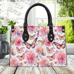 butterfly and floral handbag, ladies spring purse with pink and purple flowers, birthday gift for her, premium faux le