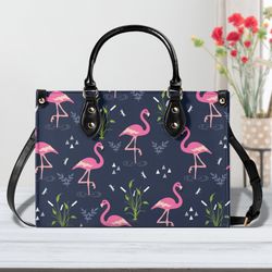 faux leather pink flamingo design handbag, summer pink tropical bird purse, large leather navy tote bag, purse for mom