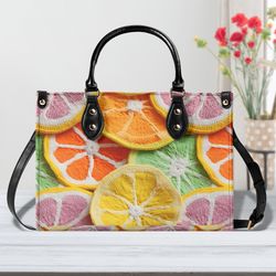 faux embroidered fruit leather handbag, summer orange and lemon print purse, large leather tote bag, purse for mom