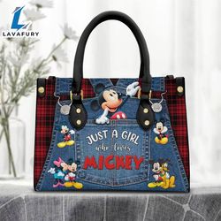 just a girl loves mickey mouse red gingham jean pattern premium leather handbag