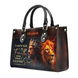 personalized christian leather bag, i will walk by faith leather handbag, faith handbag, leather bag