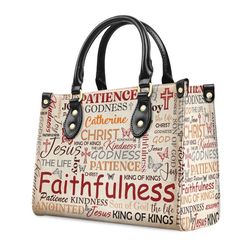 personalized christian leather bag, patience godness faithfulness leather handbag, faith handbag