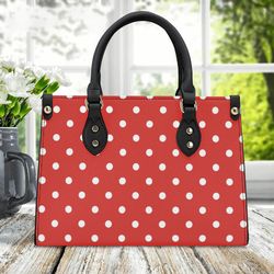 polka-dot print handbag, red purse with white polka dots, ladies leather handbag, purse for mom, theme park purse