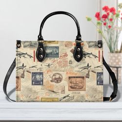 vintage travel design handbag, gift for traveler, airplane design handbag, vacation passport print purse, world travel