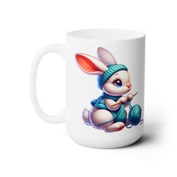 knitting rabbit mug best gift for knitter birthday or mothers day coffee cup for rabbit loving moms ceramic mug 15oz