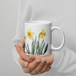 vintage daffodil illustration mug, floral tea cup, botanical coffee mug, spring flower kitchen , gardener gift idea