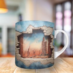 3d hole in wall cityscape mug, 11oz and 15oz mug, mug design