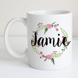 floral wreath cusom coffee mug minimalist gift for girlfriend personalizable tea cup tea lover tea