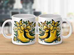 yellow rain boots floral design mug, daisy and butterfly spring coffee cup, unique gardener gift idea