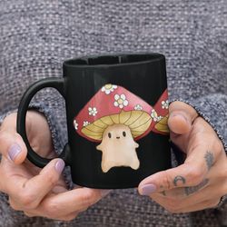 mushrooms mug, retro mushrooms, cute mushroom cup, happy mushrooms