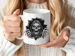 3d skull mug, skull graphic mug, 3d graphic mug, horror skull mug, skull art mug, unique skull mug, gothic skull mug,