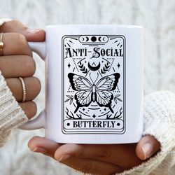 anti-social butterfly tarot card mug, anti-social butterfly mug, tarot card mug, butterfly introvert ceramic mug,